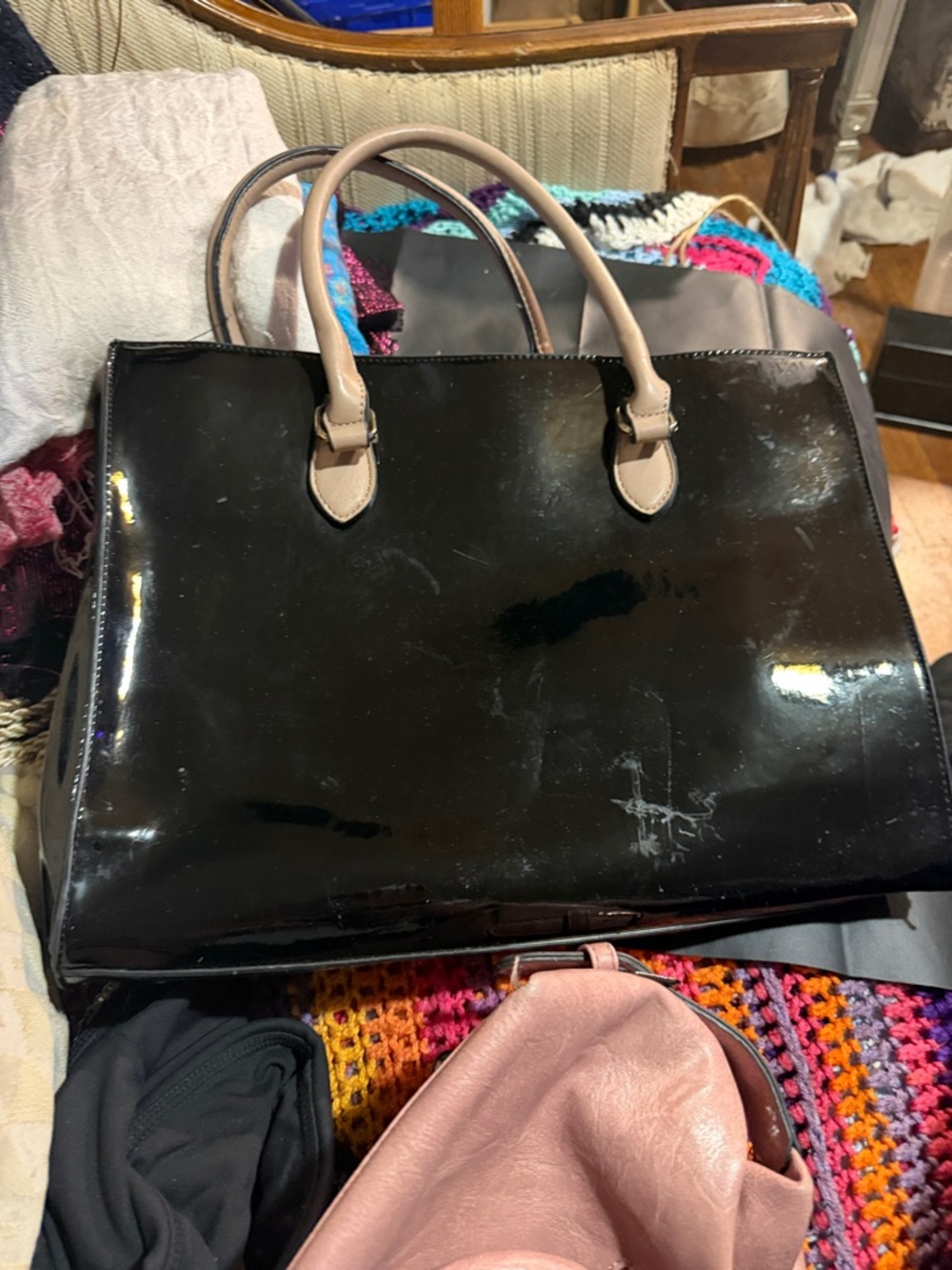 Black Patent Tote Bag with Tan Handles - Women's Carryall